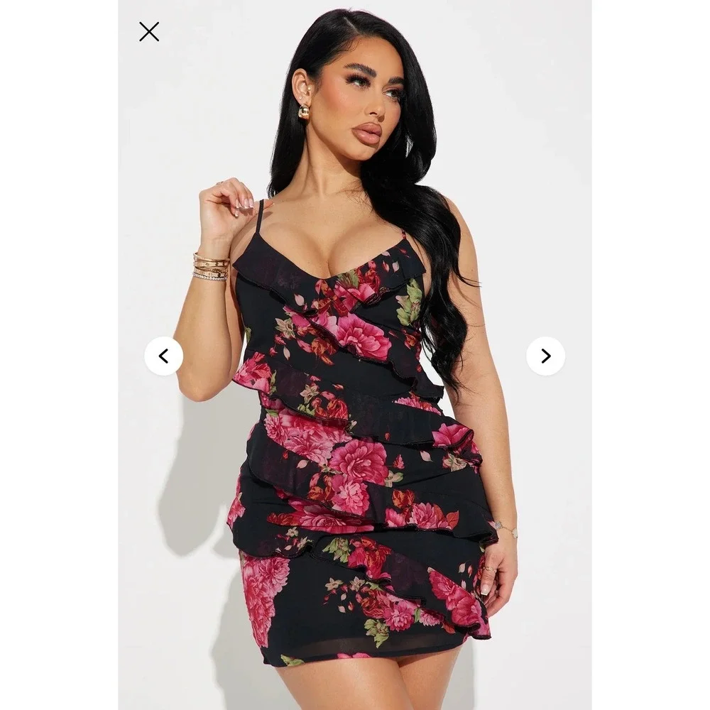 Fashion Nova Black Mini Dress with Pink Floral Print - Picture 1 of 6